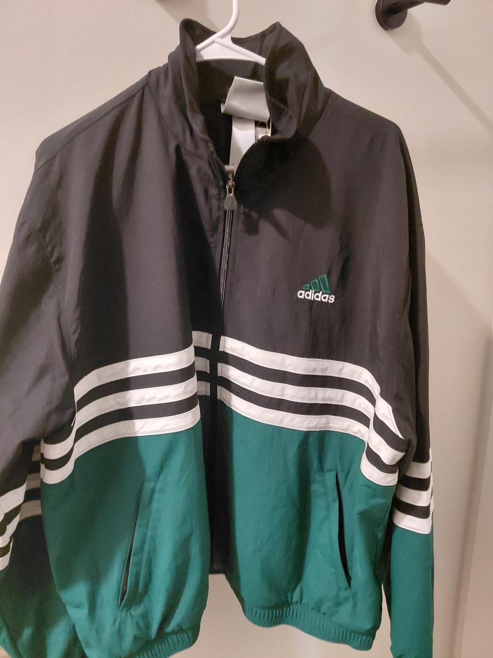 adidas Black and Green Windbreaker Jacket with White Stripes